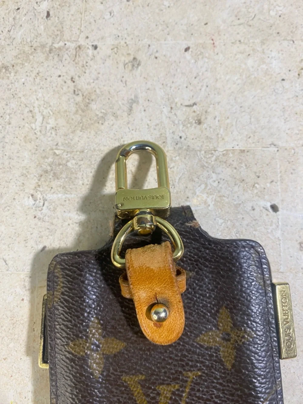 Louis Vuitton Monogram Canvas Phone Holster with Tan Strap and Gold Hardware
